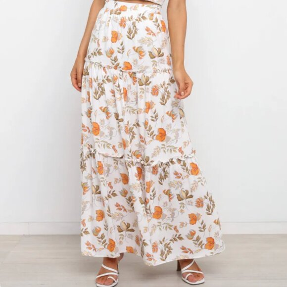 Seven Wonders High Waisted Tiered Maxi Skirt White Fall Leaves Cottagecore US 6 - Picture 4 of 16